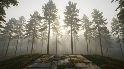 Misty forest with tall pine trees and a path leading through the fog