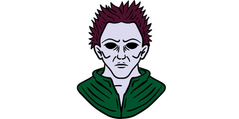 Scary masked man illustration, horror character, creepy face, Halloween design, dark concept