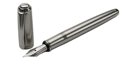 Elegant silver fountain pen isolated on transparent background with cap off, showcasing its nib and sleek design