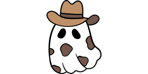 Cute cowboy ghost wearing hat, funny halloween costume cartoon spooky illustration