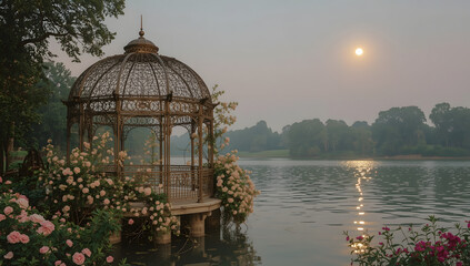 Enchanting gazebo adorned with roses by a serene lake at sunrise, evoking a fairytale atmosphere