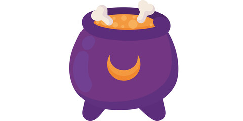Purple witch cauldron with bones and orange potion, halloween magic illustration