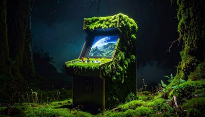 Abandoned arcade machine covered in moss and plants in lush forest setting for editorial nostalgia digital decay nature reclaiming technology and retro gaming-themed visuals