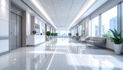Bright modern hallway with glossy white floors recessed lighting reception desk elevator and beige seating in medical or corporate facility for editorial healthcare architecture professional interior 
