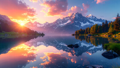 Colorful Sunset Over Mountain Landscape Reflected on Lake With Pixelated Aesthetic and Trees in Foreground
