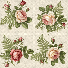 Vintage floral arrangement of pink and cream roses with fern leaves