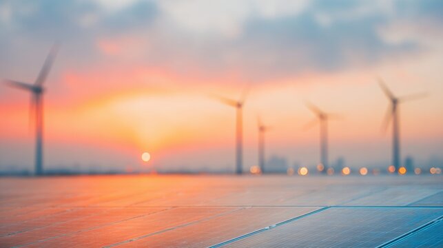 Solar panels reflect the vibrant colors of a sunset with wind turbines spinning in the distance, capturing renewable energy's beauty.