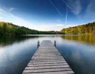 Obraz premium brochure on wooden dock by tranquil lake