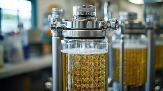 Clear liquid in metal/glass cylinders, lab setting, possibly beer making - Powered by Adobe