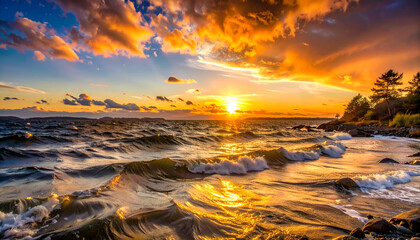 Dramatic Golden Sunset Reflecting on Wavy Ocean Near Rocky Shoreline with Silhouette of Trees and Fiery Clouds over Water Surface Scenery