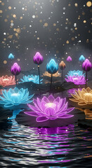 Magical glowing lotus flowers floating on water with bokeh lights at night