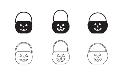 Jack-O'-Lantern Halloween Bucket Icon Set Solid and Outline Vectors