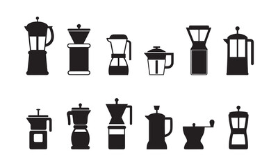 Coffee Maker and Brewer Black Silhouette Vector Icon Set