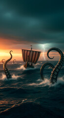 A viking ship battles a giant kraken amidst a stormy sea with lightning strikes