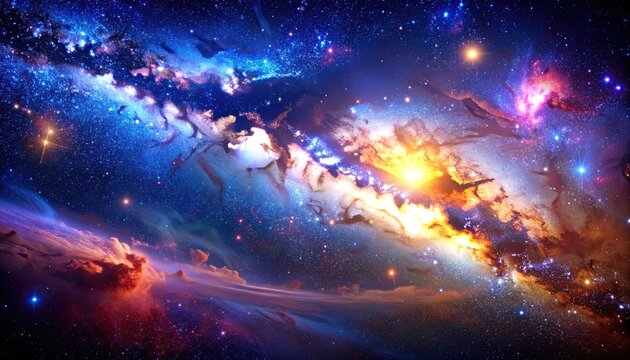 Vibrant Galaxy Illustration with Swirling Blue Purple and Orange Nebula Clouds and Sparkling Stars in Deep Space Perfect for Cosmic Backgrounds - Powered by Adobe