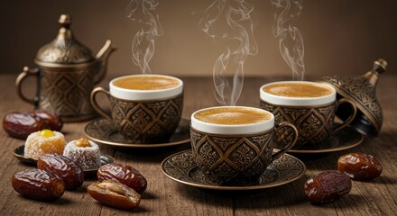 Fototapeta premium Traditional coffee cups and dates display on a wooden table