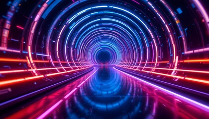 Futuristic neon illuminated tunnel with circular light patterns and reflective floor creating
