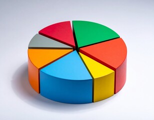 Fototapeta premium 3D pie chart with eight colorful wedge-shaped segments on white gradient background for editorial data visualization business analytics and educational infographic-themed visuals