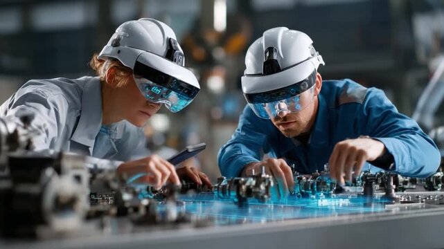 Innovation in Action: Two skilled engineers, immersed in their work, don augmented reality glasses, meticulously examining intricate machinery in a state-of-the-art facility. 