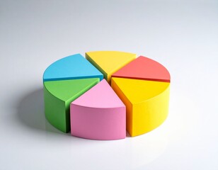 Fototapeta premium 3D pie chart with eight colorful wedge-shaped segments on white gradient background for editorial data visualization business analytics and educational infographic-themed visuals