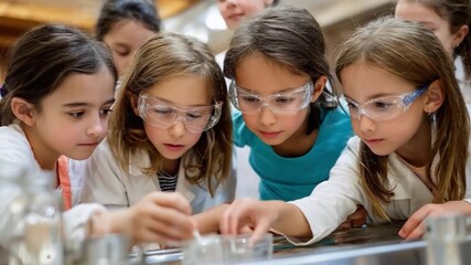 Young Scientists in Discovery: A group of young girls intently engaged in a science experiment, their faces illuminated by curiosity and teamwork, discovering the wonders of science together. - Powered by Adobe