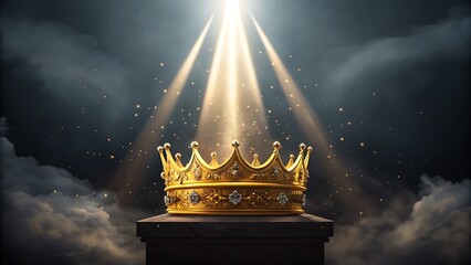 Golden royal crown shining under dramatic light with dark cloudy background
