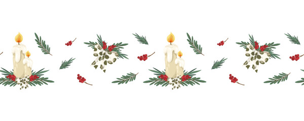 Christmas seamless horizontal border with lit candles, bows, jingle bells, and winter branches. Hand drawn  illustration