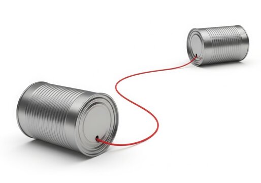 Classic tin can telephone with red string on white background