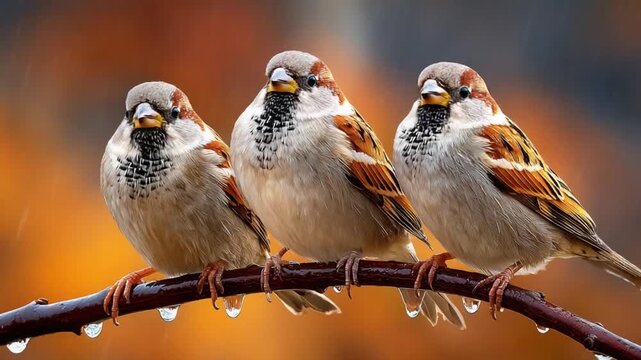 Sparrows Perched Together: Three sparrows perch together on a branch, displaying the rich details of their feathers against an inviting background, presenting a sense of unity in the world.