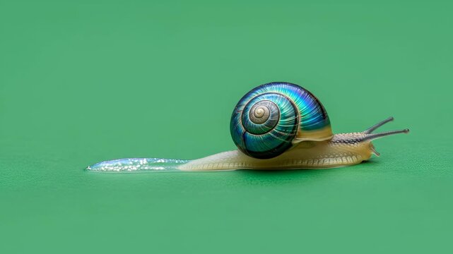 Slow motion of multiple snails gliding across a green surface leaving a trail of moisture,