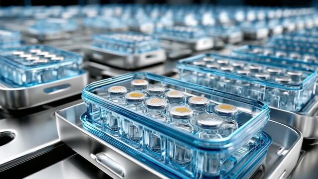 Science Lab Samples: An eye-level shot features a laboratory setting with an array of transparent containers meticulously arranged. Each container holds a set of scientific samples.