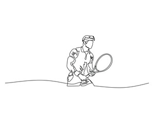 Minimalist line art of tennis player in headband performing backhand stroke, clean sports design