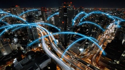 Digital Cityscape at Night: A mesmerizing view of a city illuminated by the glow of night, intertwined with radiant network pathways, symbolizing the interconnectedness of technology and urban life. - Powered by Adobe