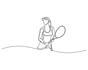 Minimalist line art of tennis player in cap holding racket, dynamic pose for sport and motion themes