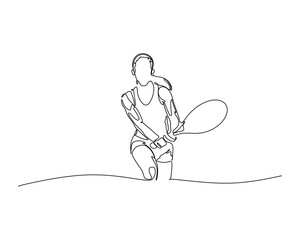 Minimalist line drawing of tennis player with long hair in backhand motion, fluid sports illustration