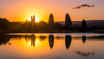 Dramatic Sunset Over Rock Formations Reflected in Calm Lake Golden Light Landscape Sky Reflection and Serene Water Surface Beautiful Landscape at Dusk