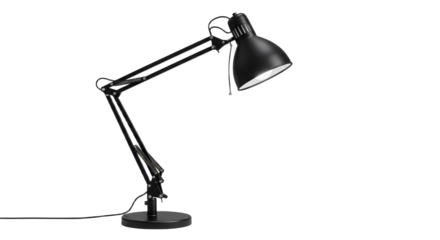 Black architect lamp isolated on transparent background, offering focused lighting for tasks and projects in a workspace