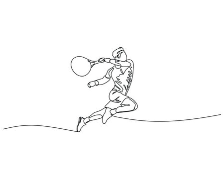 Minimalist line drawing of tennis player mid-air stroke, dynamic motion and athletic expression