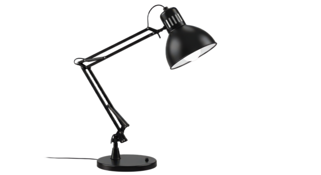 Black architect lamp isolated on transparent background, providing focused lighting for tasks and projects in a modern setting