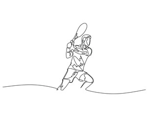 Continuous line art of a tennis player in action, gripping racket with both hands. Minimalist style captures motion, focus, and athletic form in a sleek, modern sports illustration
