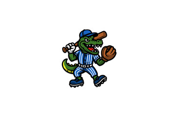 Fierce Alligator or Crocodile Baseball Mascot with Bat and Mitt or Reptile Sports Team Icon in Striped Uniform Vector