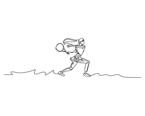 Minimalist one-line drawing of tennis player swinging racket. Elegant, dynamic, and perfect for sports, motion, or modern design themes