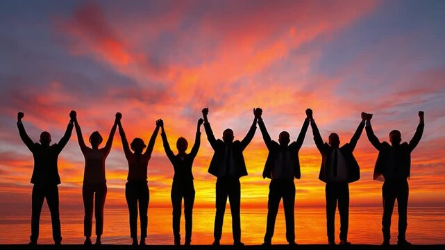 Silhouette of Unity: A group of individuals stands hand-in-hand against a vibrant sunset, their silhouettes emphasizing togetherness and solidarity, representing shared goals and mutual support.