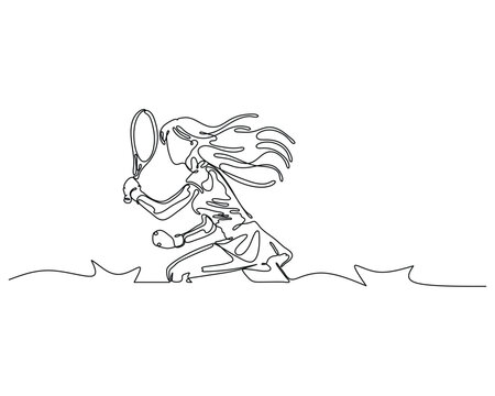 Minimalist one-line drawing of a tennis player in action pose, crouched with racket ready. Dynamic, fluid lines convey motion, energy, and elegance in a modern sports illustration