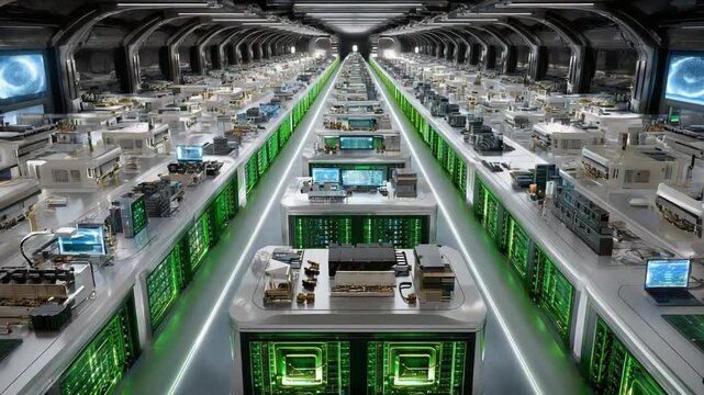 Futuristic Data Center: A high-tech server room, showcasing the impressive scale and complexity of modern data storage. Illustrating the critical role of technology in our digital world.