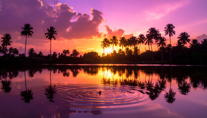 Dramatic Sunset Reflection in Calm Lake with Silhouetted Palm Trees Purple Sky and Orange Hues Creating a Serene Tropical Landscape