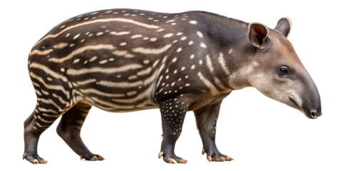 Detailed full body studio portrait of a juvenile malayan tapir with striped coat