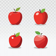 Set of four red apple icons in modern flat and glossy styles. Perfect for healthy eating, nutrition, education, fruit farming, diet apps, wellness graphics, food illustrations, and digital designs.