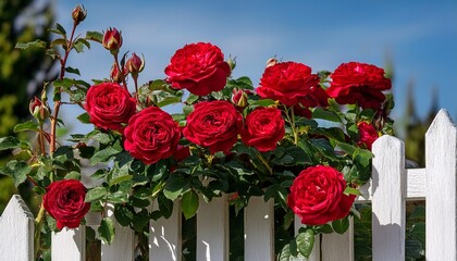 on a sunny summer day a cluster of vibrant red roses bloom gracefully in white fence