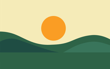 Flat vector landscape of rolling green hills with a large orange sun or moon. Ideal for ecology, wellness, travel, nature projects, environmental graphics, digital backgrounds, and minimalist designs.